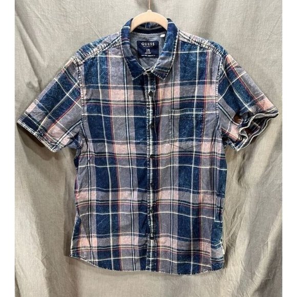 Guess‎ Slim Button Up Shirt Adult Large Blue Plaid Short Sleeve Mens. - Picture 1 of 8